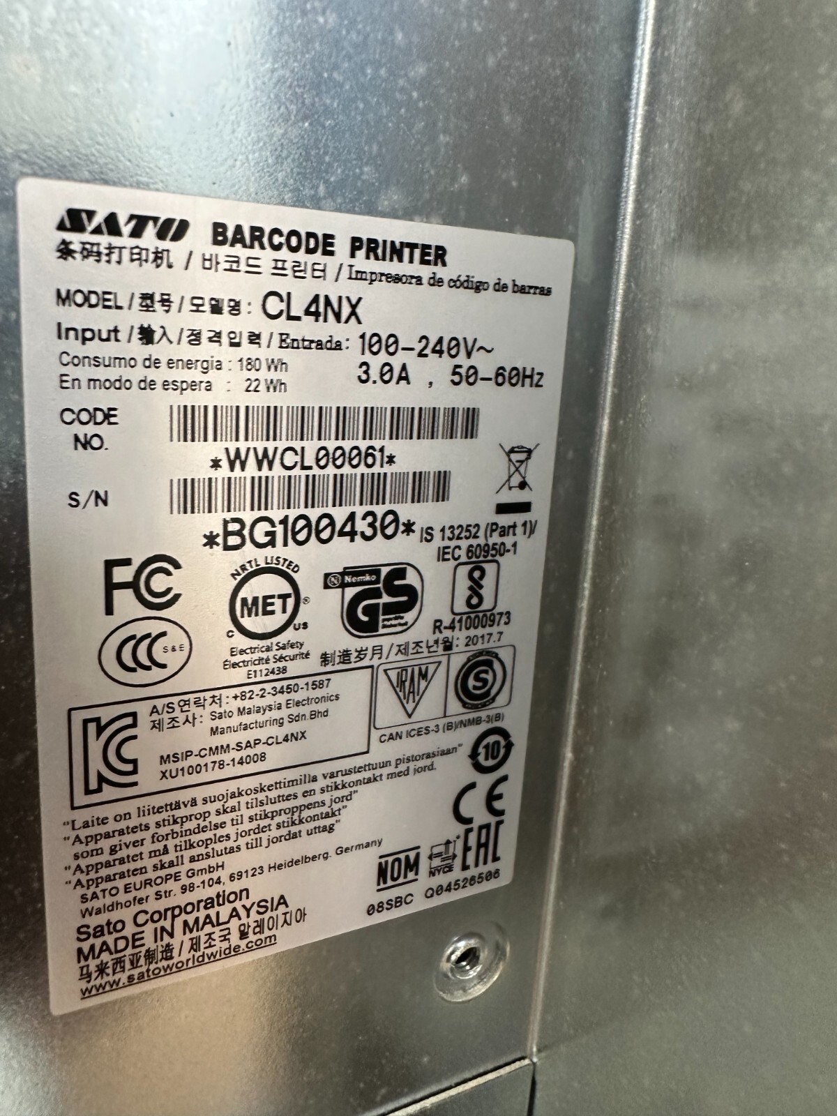 WWCL00061 – SATO CL4NX DT/TT,203 DPI, Eth/Ser/USB Printer. WARRANTY GOOD WORKING