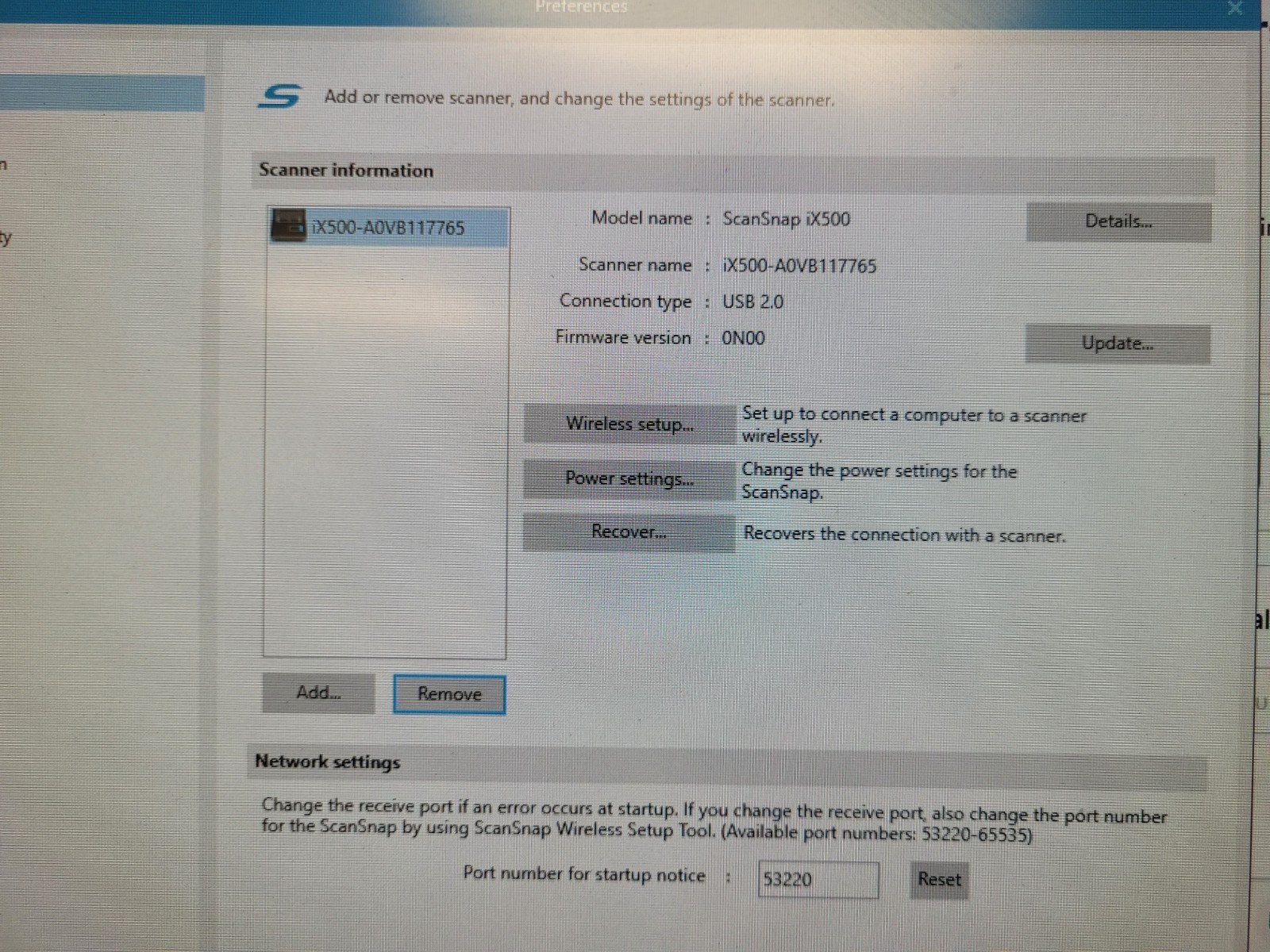Fujitsu scansnap ix500 scanner low pages count used tested No adapter A0VB117765