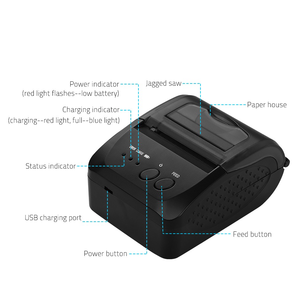 5809DD Portable Mini Thermal Printer Wireless USB BT 2000mAh Battery US Plug