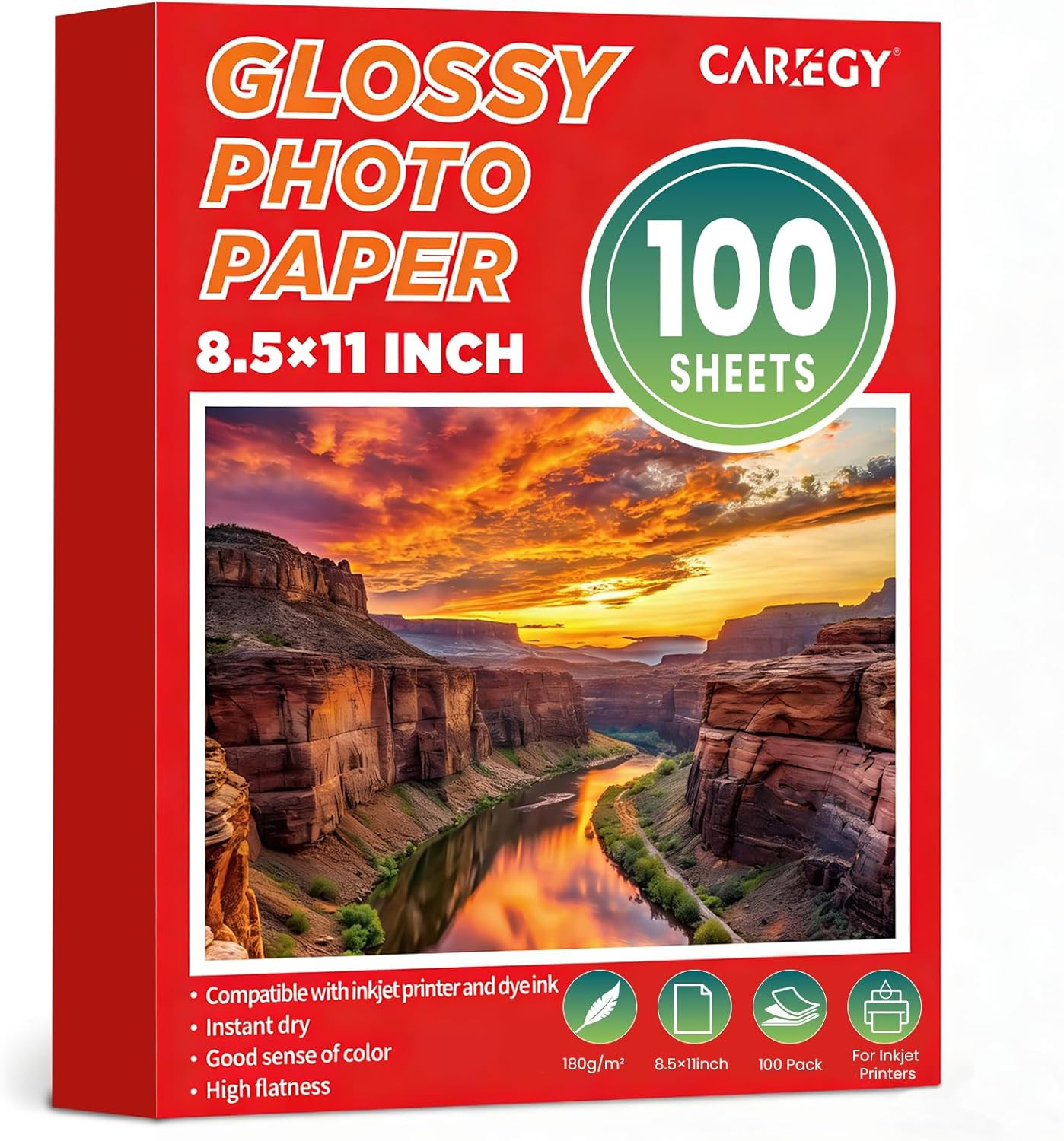 CAREGY 100 Sheets Glossy Photo Paper 8.5 X 11 Inches | Inkjet Photo Printer