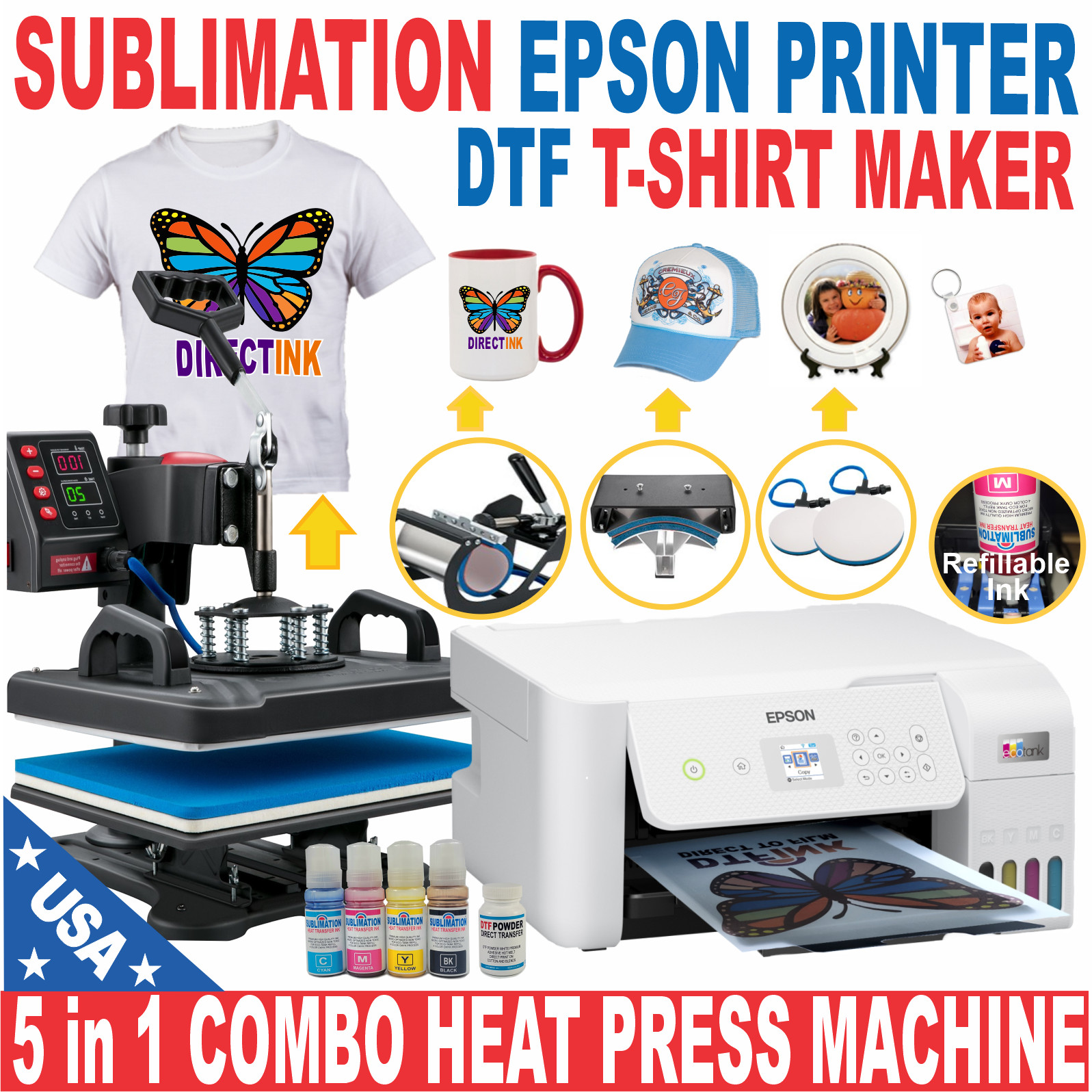 Epson Printer with Sublimation Ink Transfer + Heat Press 5 in 1 Start DTF Bund