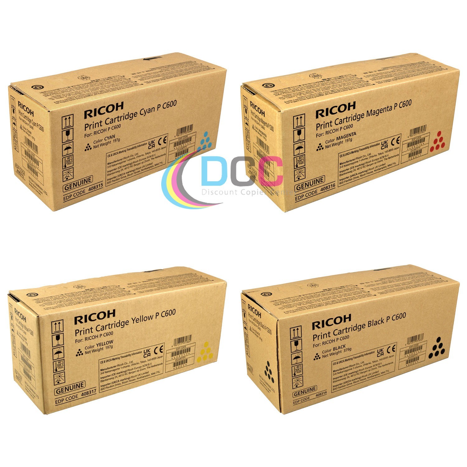 Genuine Ricoh P C600 Cyan / Magenta / Yellow / Black Toner Cartridges Set 40831