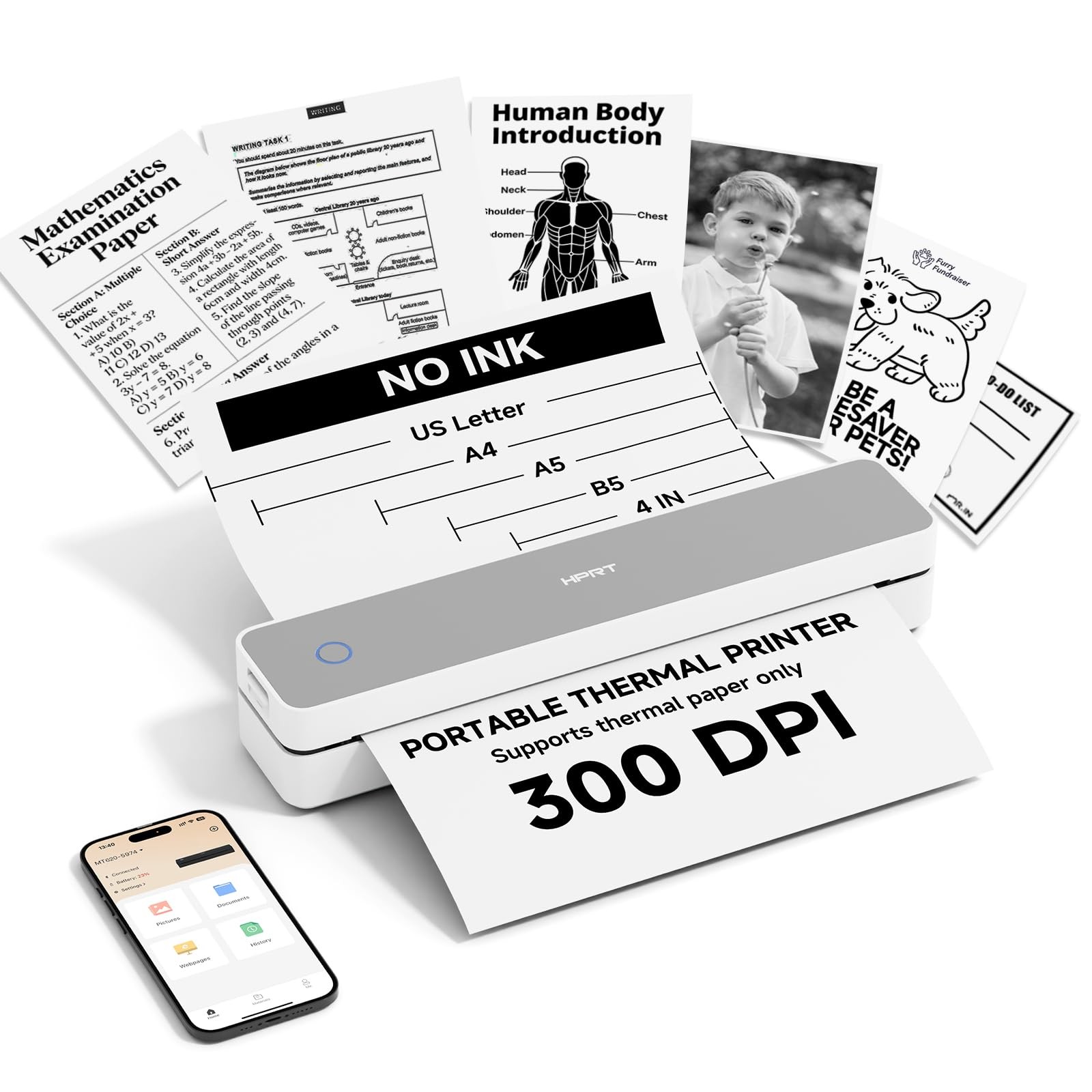 HPRT Inkless Portable Thermal Printer Wireless for portable, White