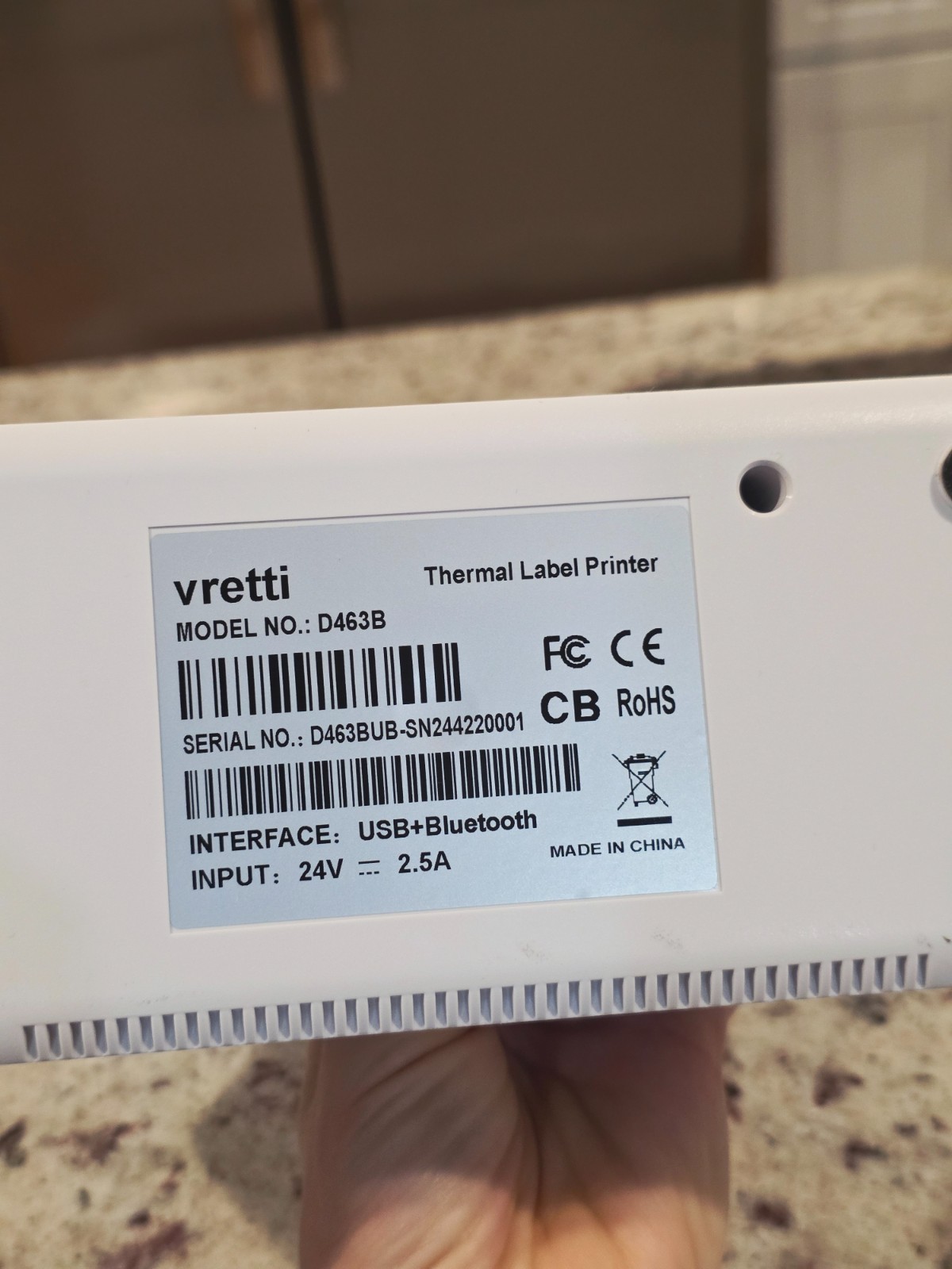 Vretti D463B Bluetooth Thermal Label Printer Portable with Adapter