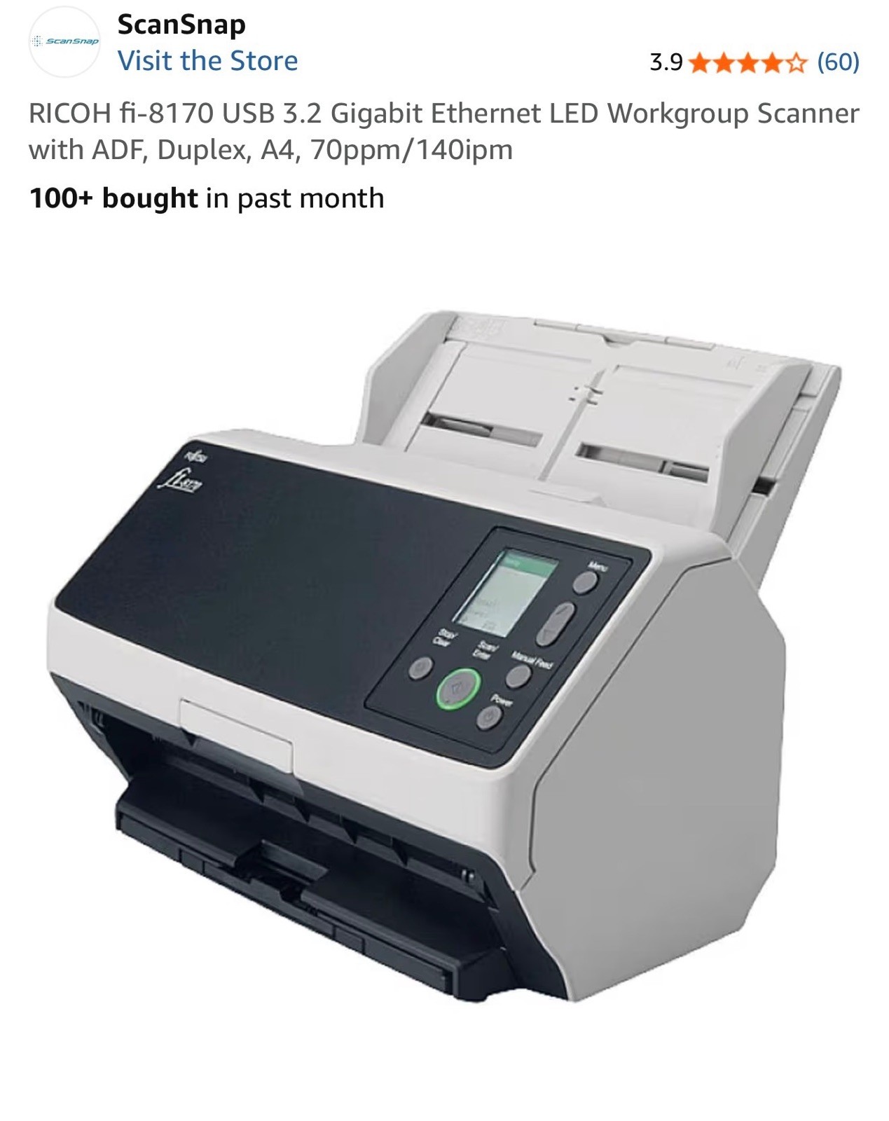 RICOH FI-8170 Professional High Speed Color Duplex Document Scanner USB Ethernet