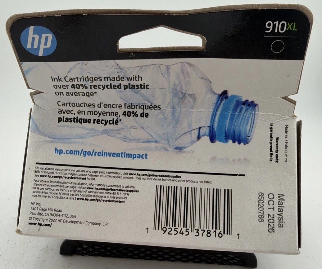 HP 910XL Genuine OEM Black Ink Cartridge 3YL65AN – EXP October 2026 New/Sealed