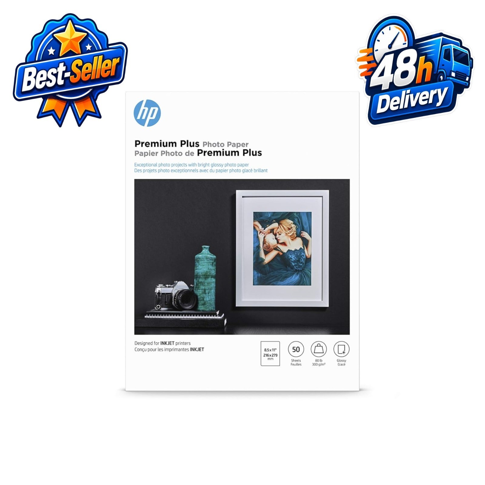 HP Premium Plus Photo Paper Glossy 8.5×11 in, 50 Sheets – High Quality