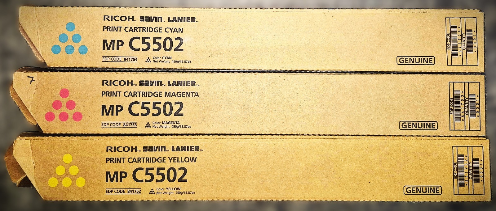 Genuine Set of 3 Ricoh MP C5502 841752/53/54 CMY Toners Ricoh/Savin/Lanier