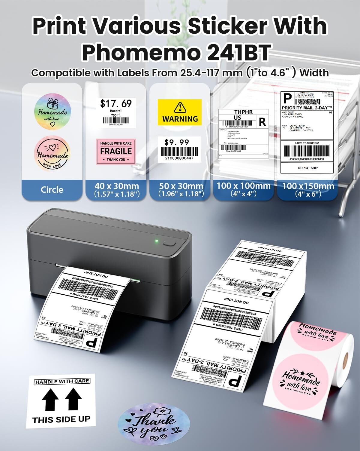 Phomemo 241BT Thermal Shipping Label Printer 4X6 Thermal Printer+500pcs Labels