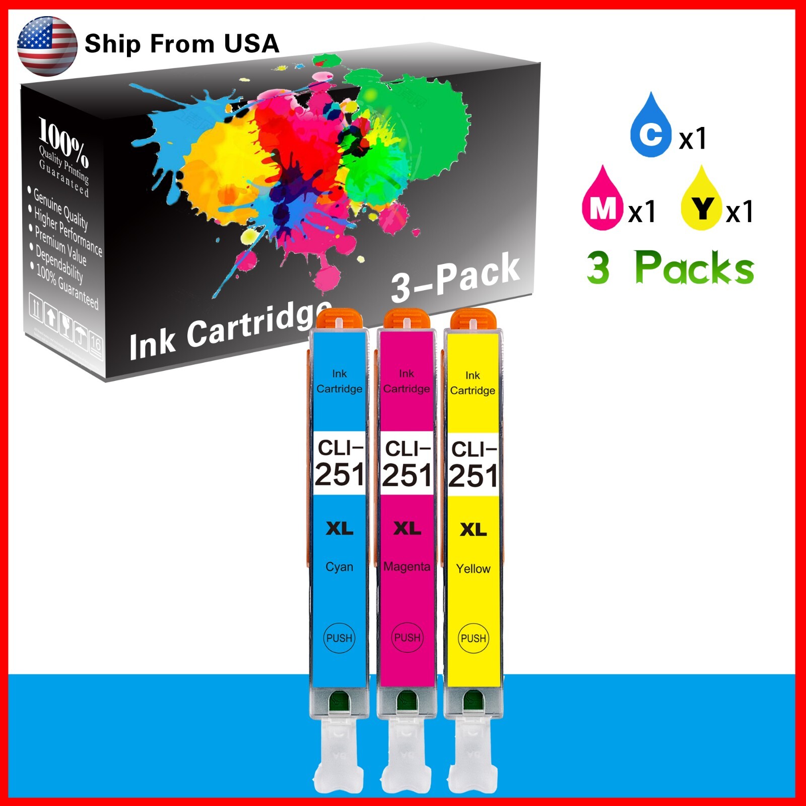 3PK CLI 251XL Ink Cartridge for Pixma IP8720 iX6820 Printer