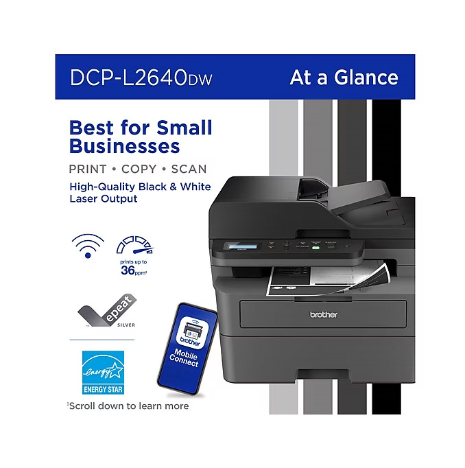 Brother DCP-L2640DW Compact Wireless Black & White Laser Printer, All-In-One
