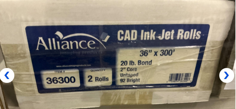 Alliance Wide Format Paper 36″x300’x2″ Bond Engineering 92 Bright 20lb. 2 Rolls