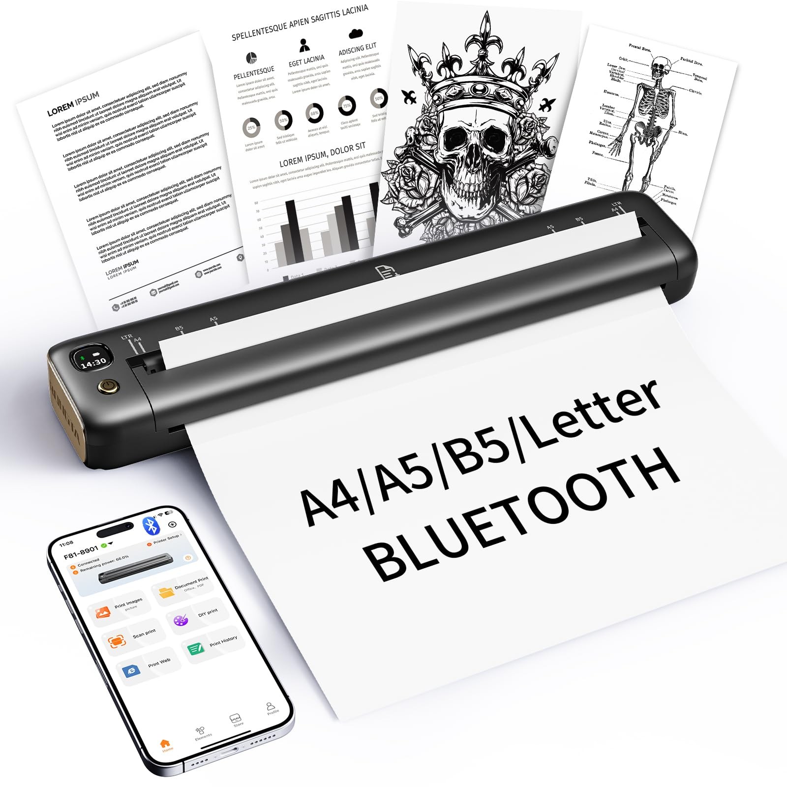 Portable Printer Wireless Bluetooth Inkless Thermal 8.5×11 Inch A4 Gray