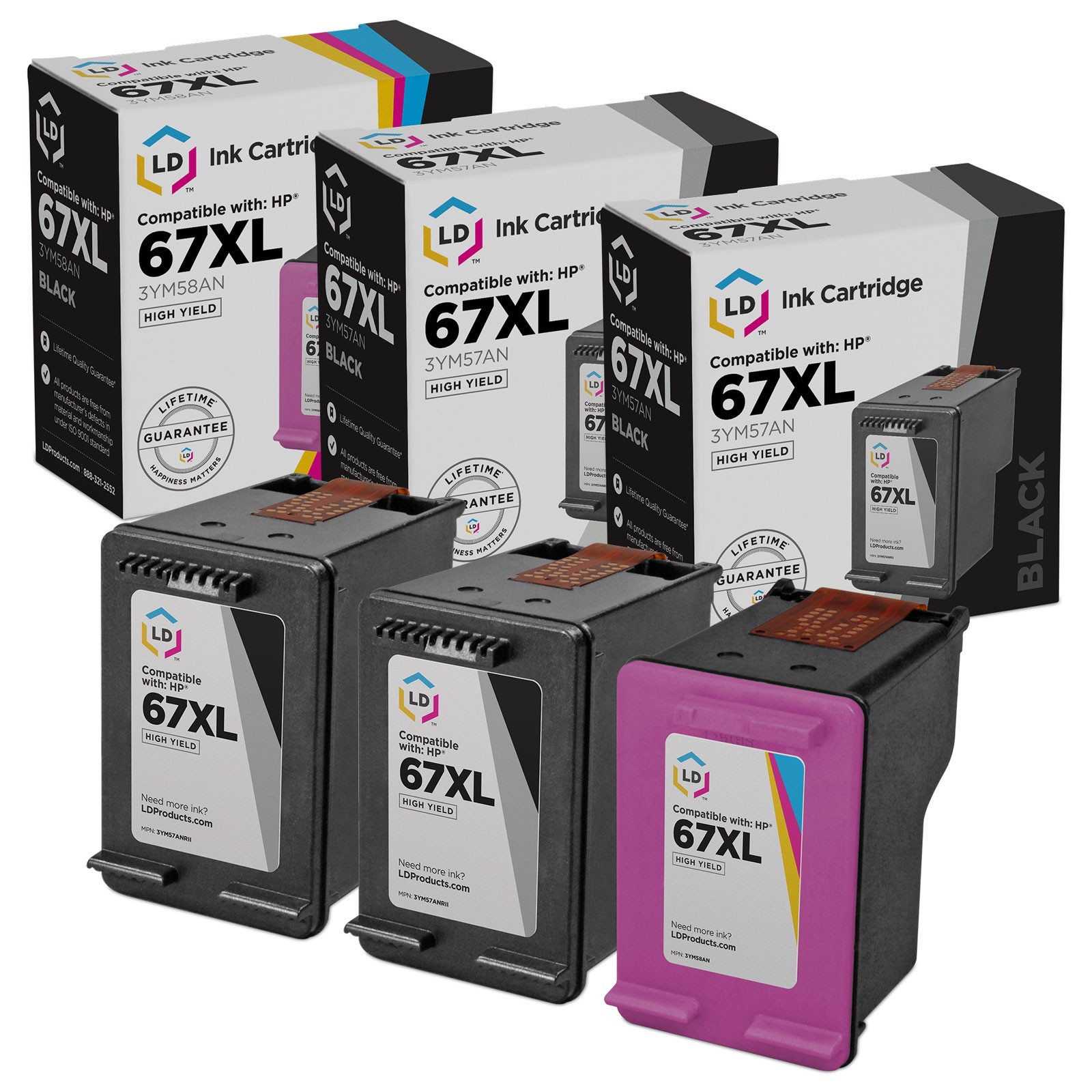 LD Replacement for HP 67XL HY Ink Cartridges 2 Black 3YM57AN 1 Color 3YM58AN 3PK
