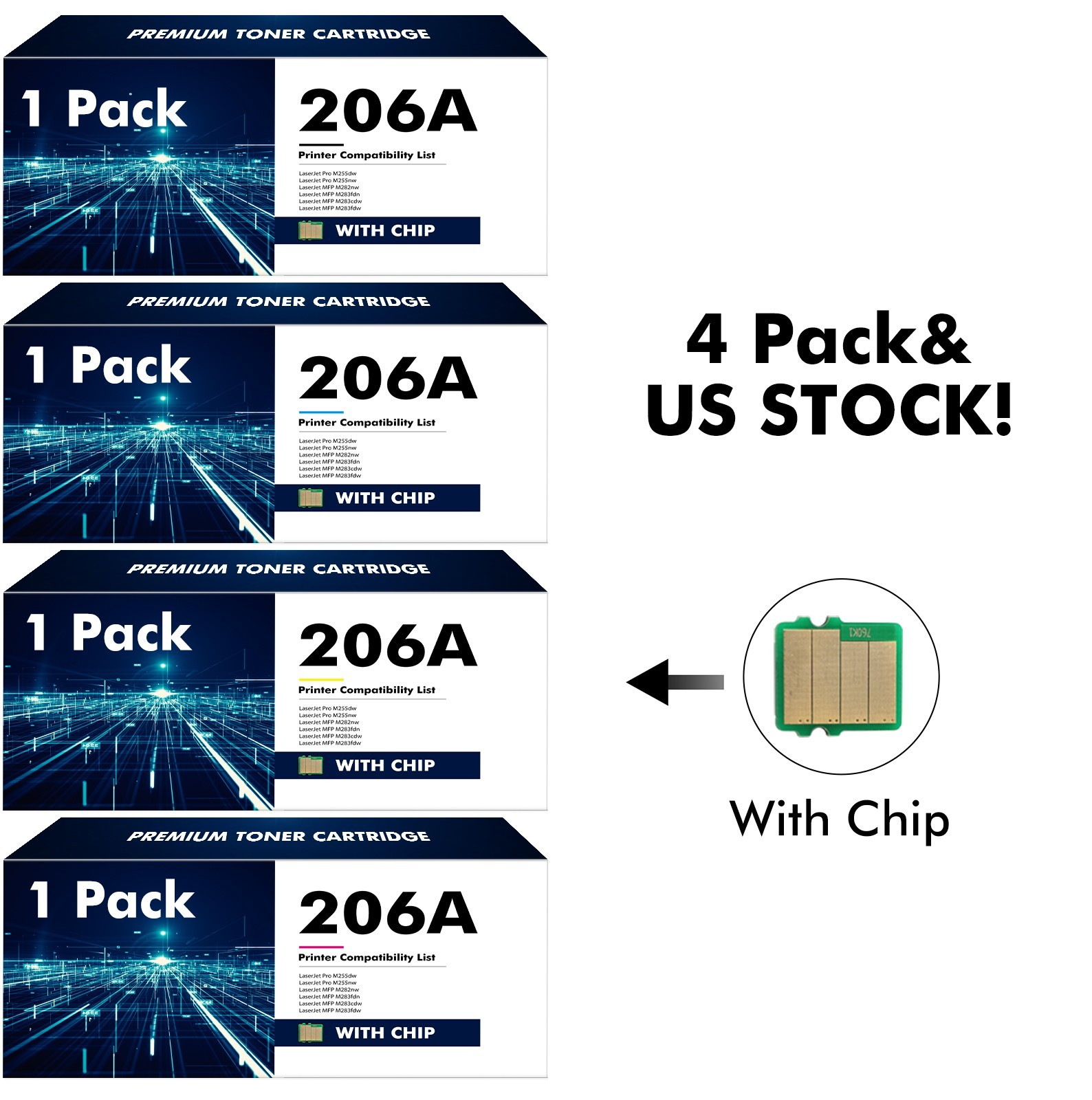 4PK For HP 206A Toner 206X W2110A W2111A W2112A LaserJet Pro M283fdw M255dw M282