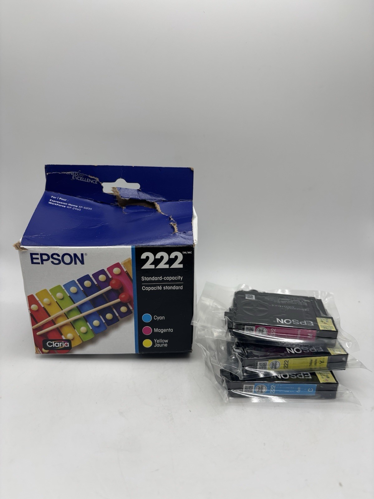 Genuine Epson 222 CMY Ink Cartridges OEM 3-Pack EXP 04/2029 Damaged Box