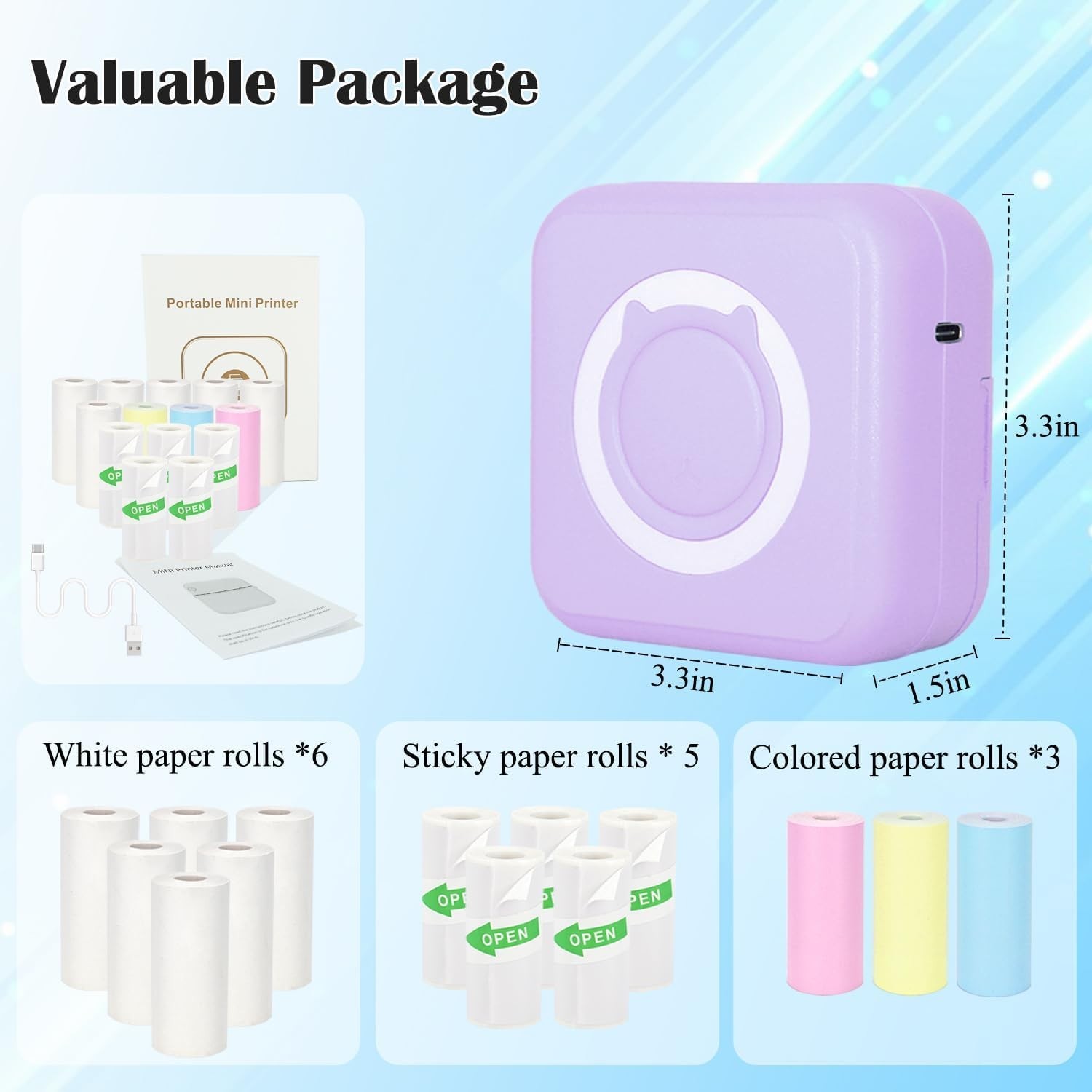 Compact Inkless Pocket Printer with 14 Paper Rolls, Bluetooth for iPhone/Android