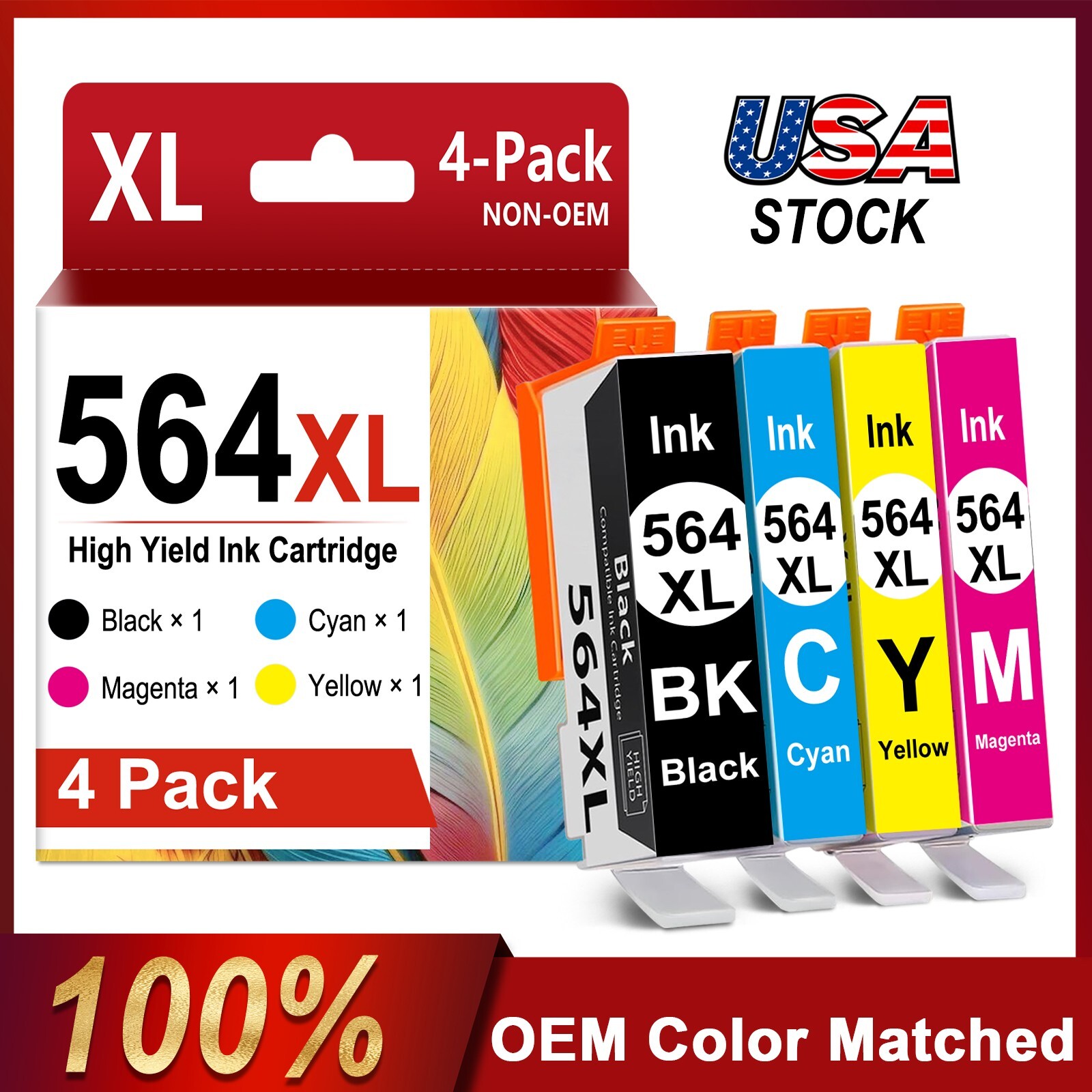 Compatible 564XL Ink Cartridge 4-Pack for HP OfficeJet 4620 Photosmart 7520 6520