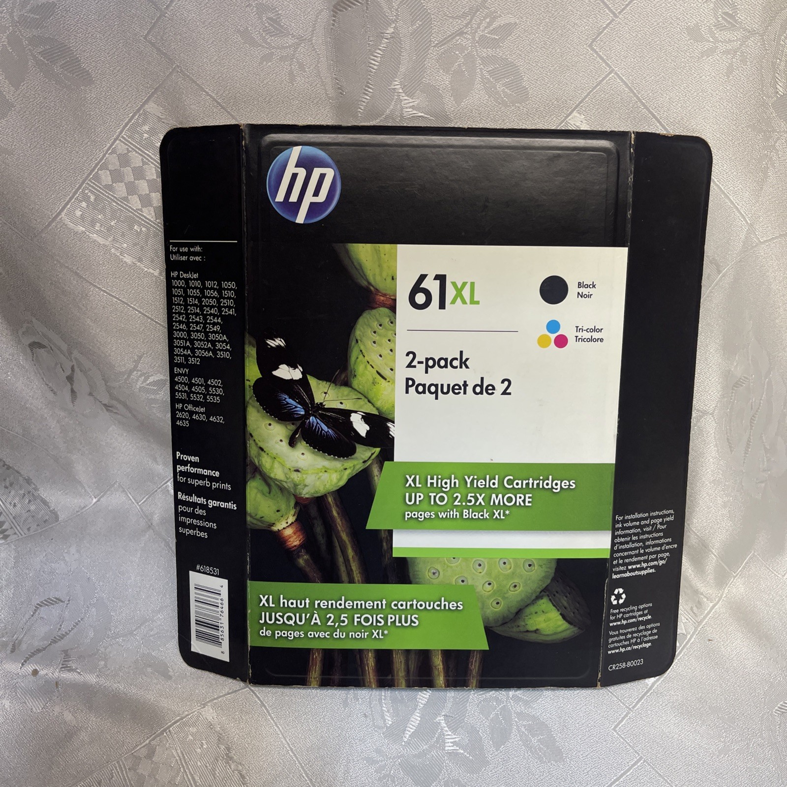 HP 61XL Black and Tri-color High Yield Ink Cartridges CR258BN 2-Pack Exp 03/2020