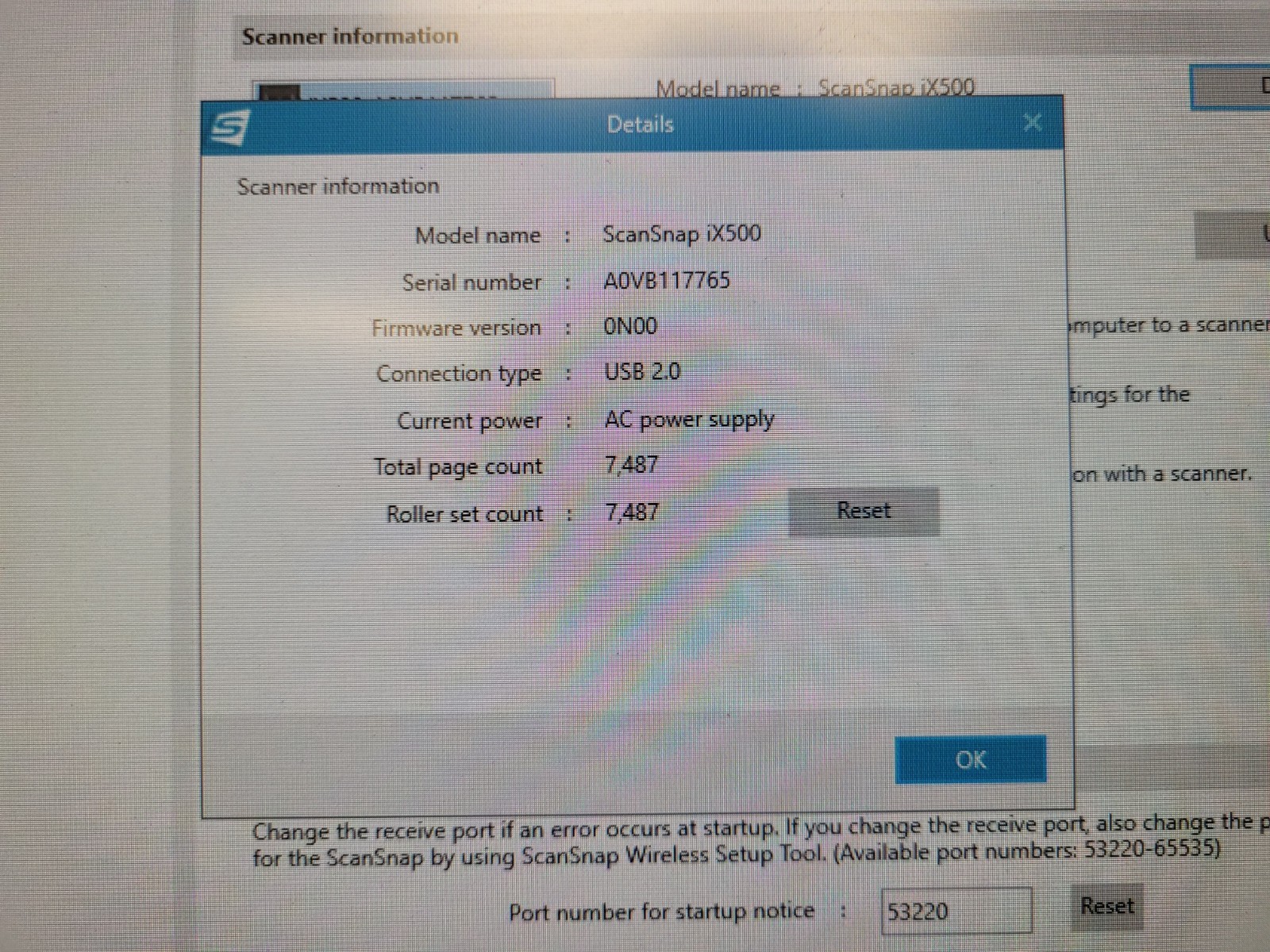 Fujitsu scansnap ix500 scanner low pages count used tested No adapter A0VB117765