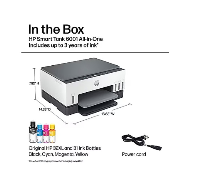 HP Smart Tank 6001 Wireless All-in-One Cartridge Free Refillable Ink Tank Printe