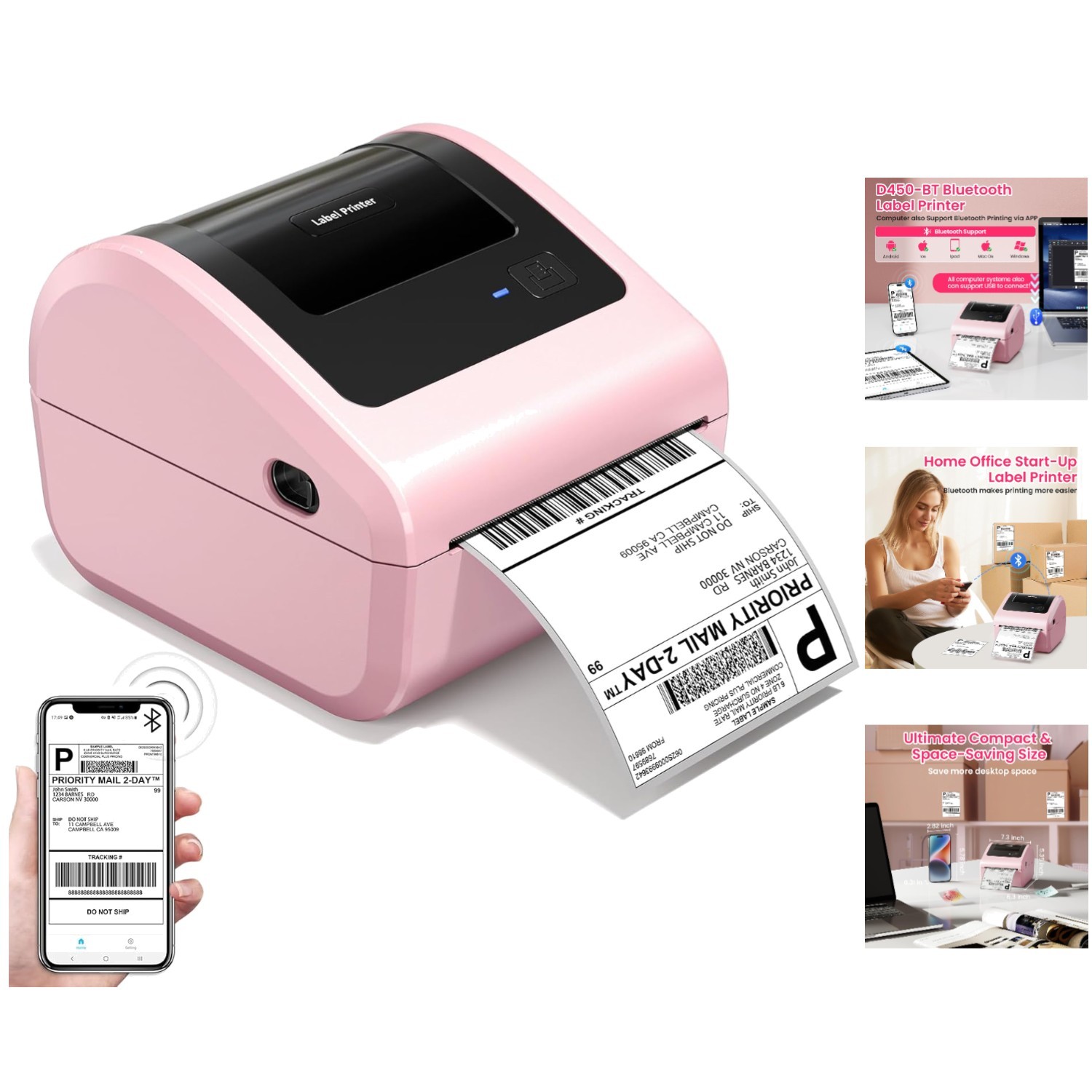 Compact D450BT 4×6 Thermal Shipping Label Printer – Wireless & USB Compatible