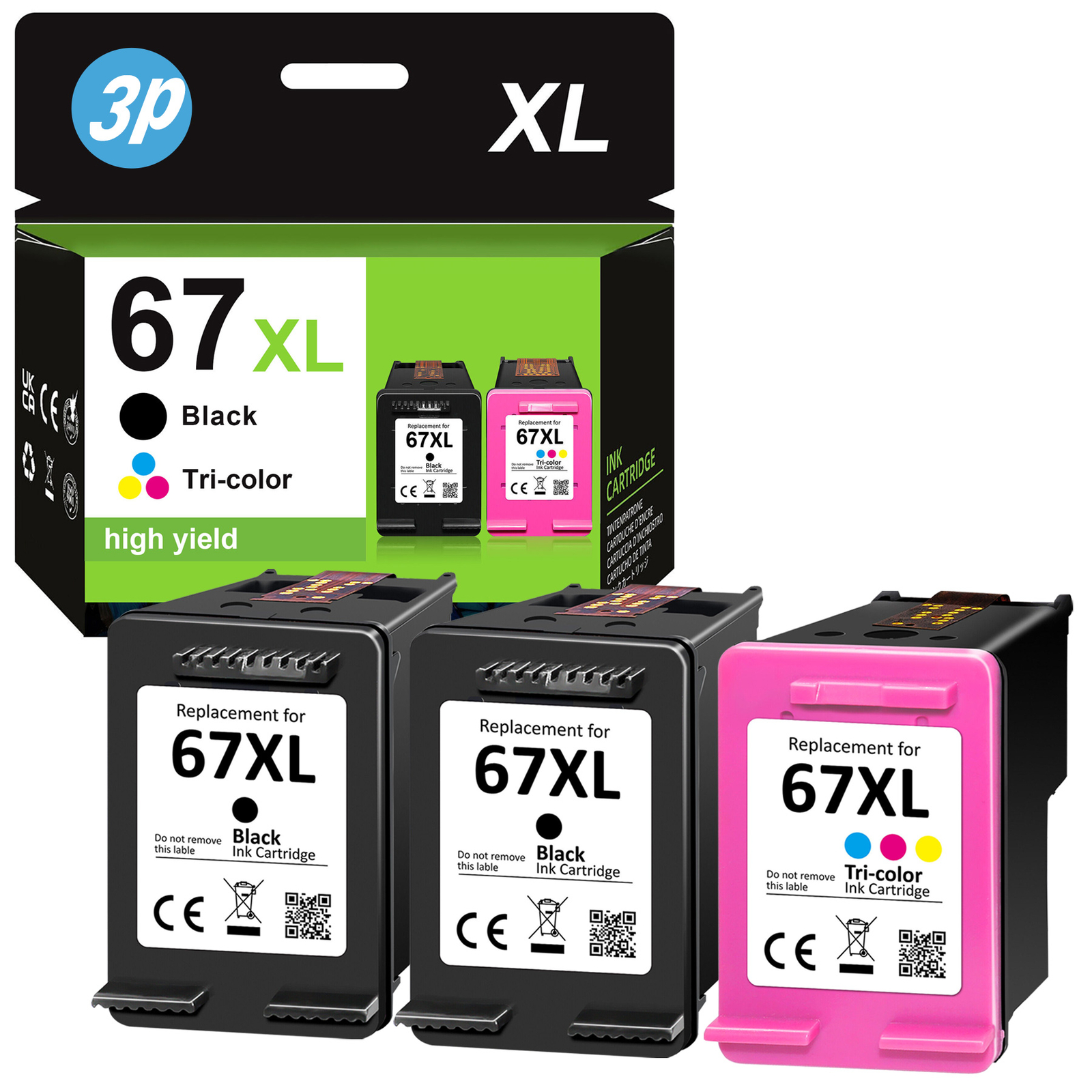 1-3PK 67-XL Ink 67XL Ink Black Color for HP Deskjet 2720 Plus 4122 4155e 4158e