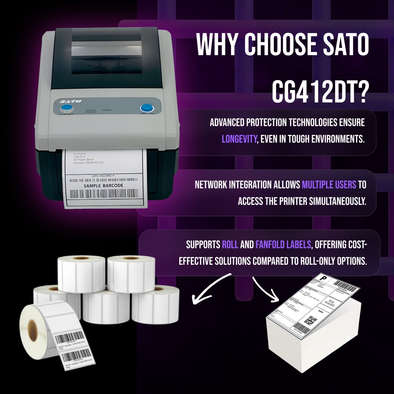 SATO CG412DT Direct Thermal 4×6 Network Label Printer – similar to Zebra GK420d