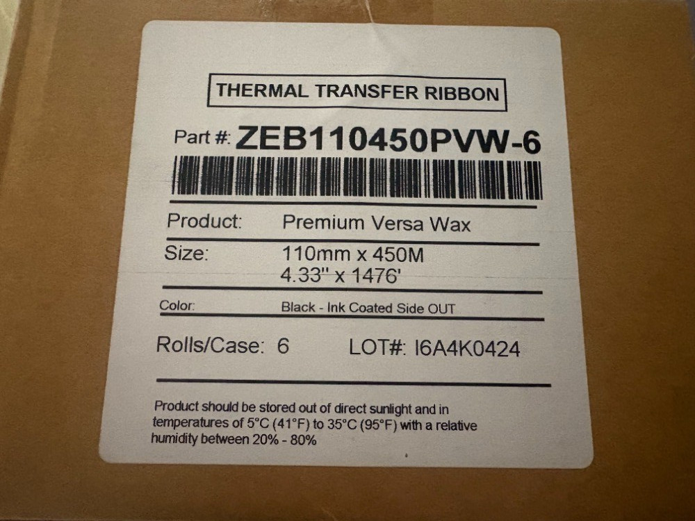 6  Wax Thermal Transfer Ribbon for Zebra Printer 110mm x 450M 4.33″ x 1476′ Roll