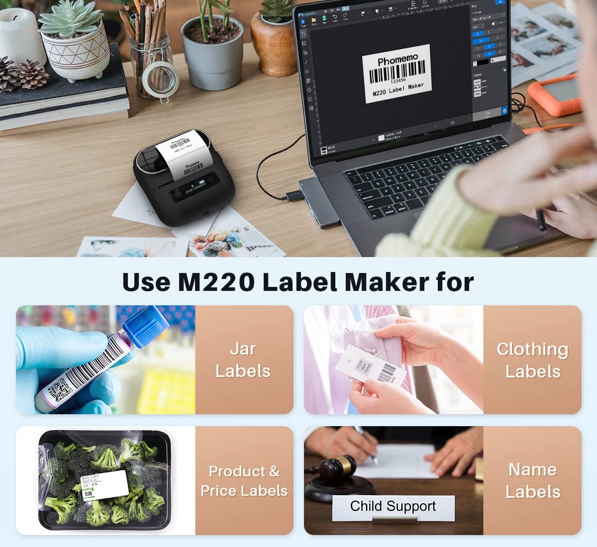 M220 Label Maker Bluetooth Sticker Machine Barcode Label Printer or Labels Lot