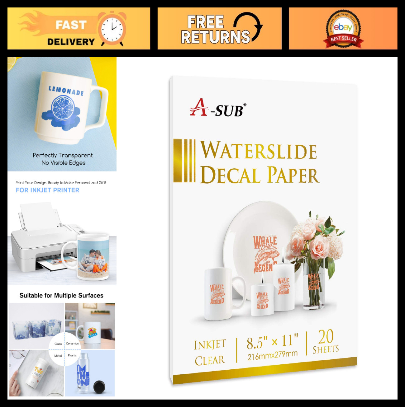Waterslide Decal Paper for Inkjet Printers – 20 Clear Sheets 8.5×11″ for DIY Tum