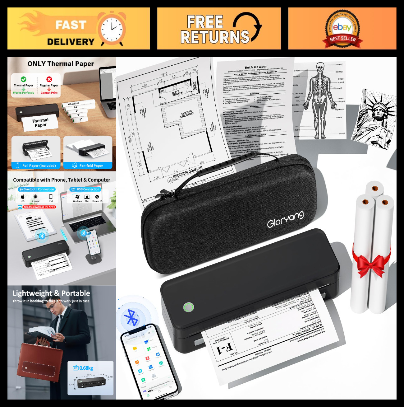 Portable Inkless Wireless Thermal Printer for Travel – Bluetooth, 8.5″x11″ Paper