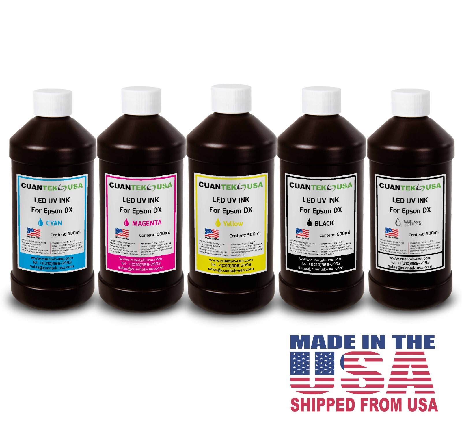 UV LED Inks 5 x 500ml CMYKW for Epson i3200 DX5 DX7 XP600 L800 DTF – MADE IN USA