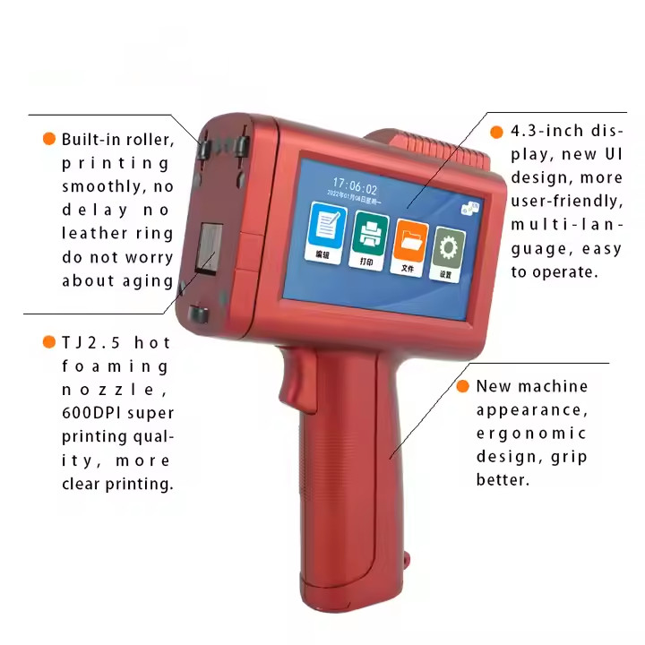 Handheld inkjet printer prints production date, text batch number, barcode image