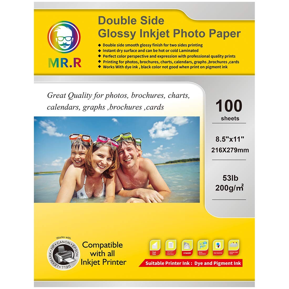 Double Side Glossy Inkjet Photo Paper Letter Size 8.5×11 In 200gsm 100 SHT