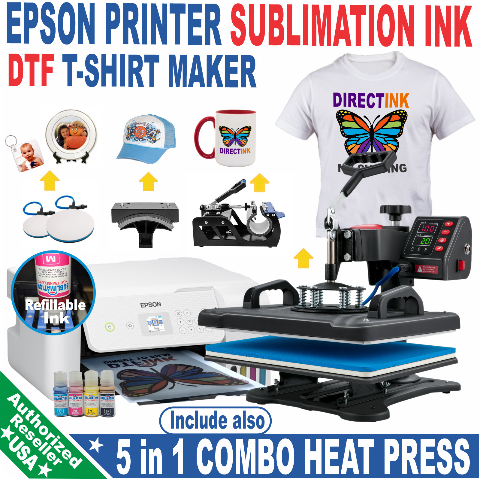 Epson Printer with Sublimation ink Kit + 5 in 1 Heat Press Complete Bundle Kit