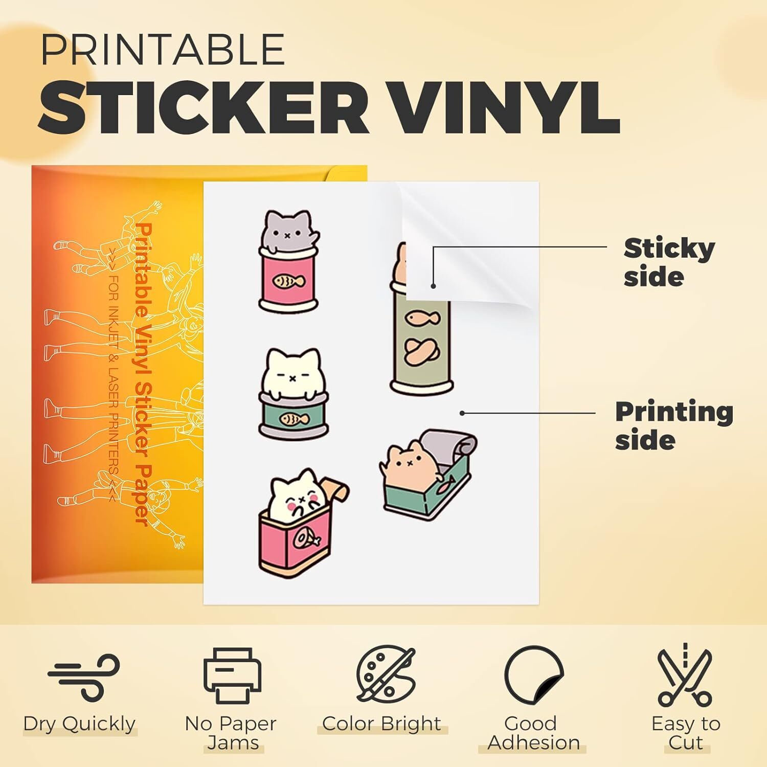 HTVRONT Printable Vinyl Sticker Paper, 100 Sheets Matte Waterproof Sticker Paper