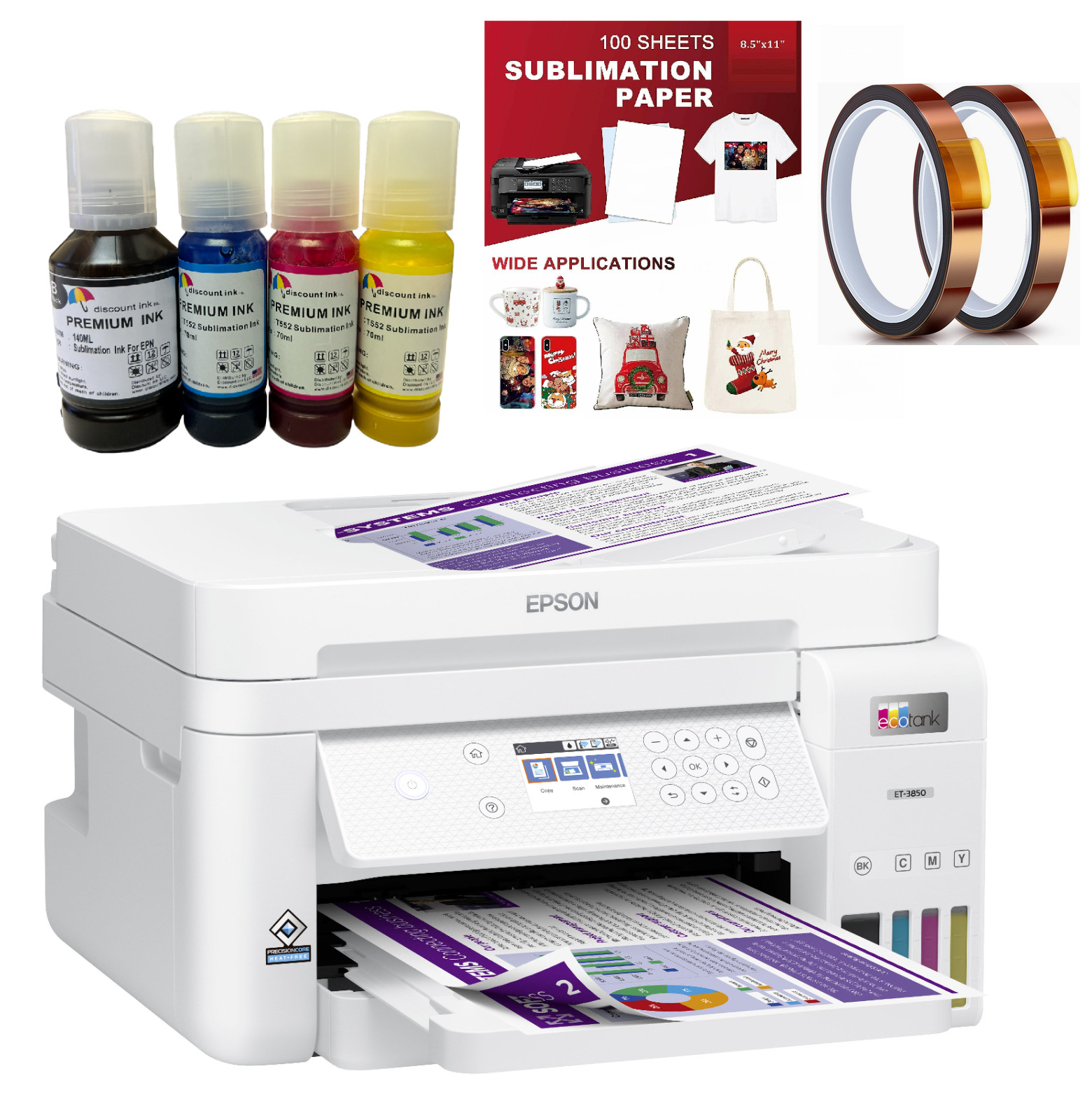 Epson EcoTank ET 3850 Sublimation Printer Bundle with Sublimation Ink and Paper