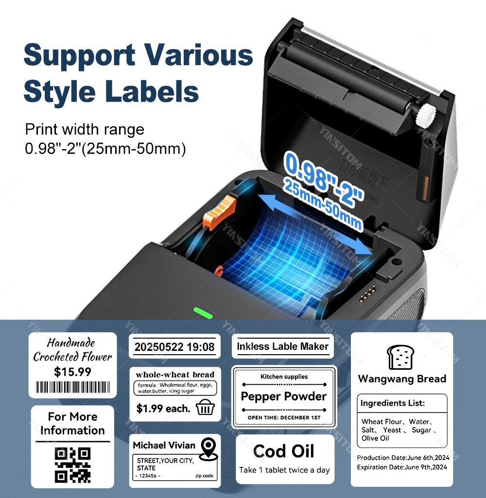 YINSITOM 20-50mm Mini Thermal Printer Bluetooth Barcode Label Sticker Maker