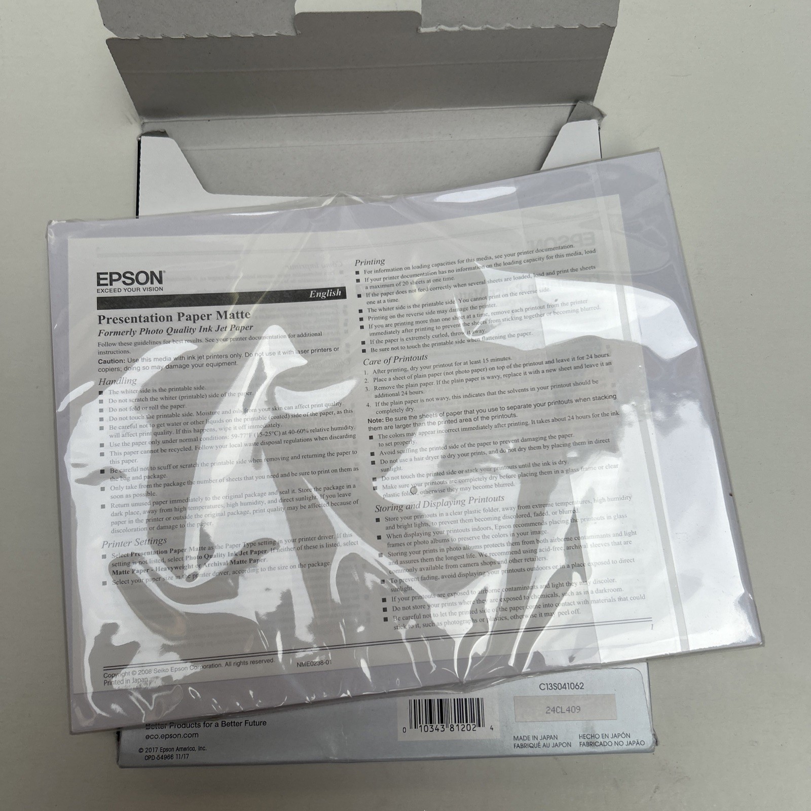 Epson Presentation Paper Matte, 8.5 x 11 Inch, 100 Count (S041062), White