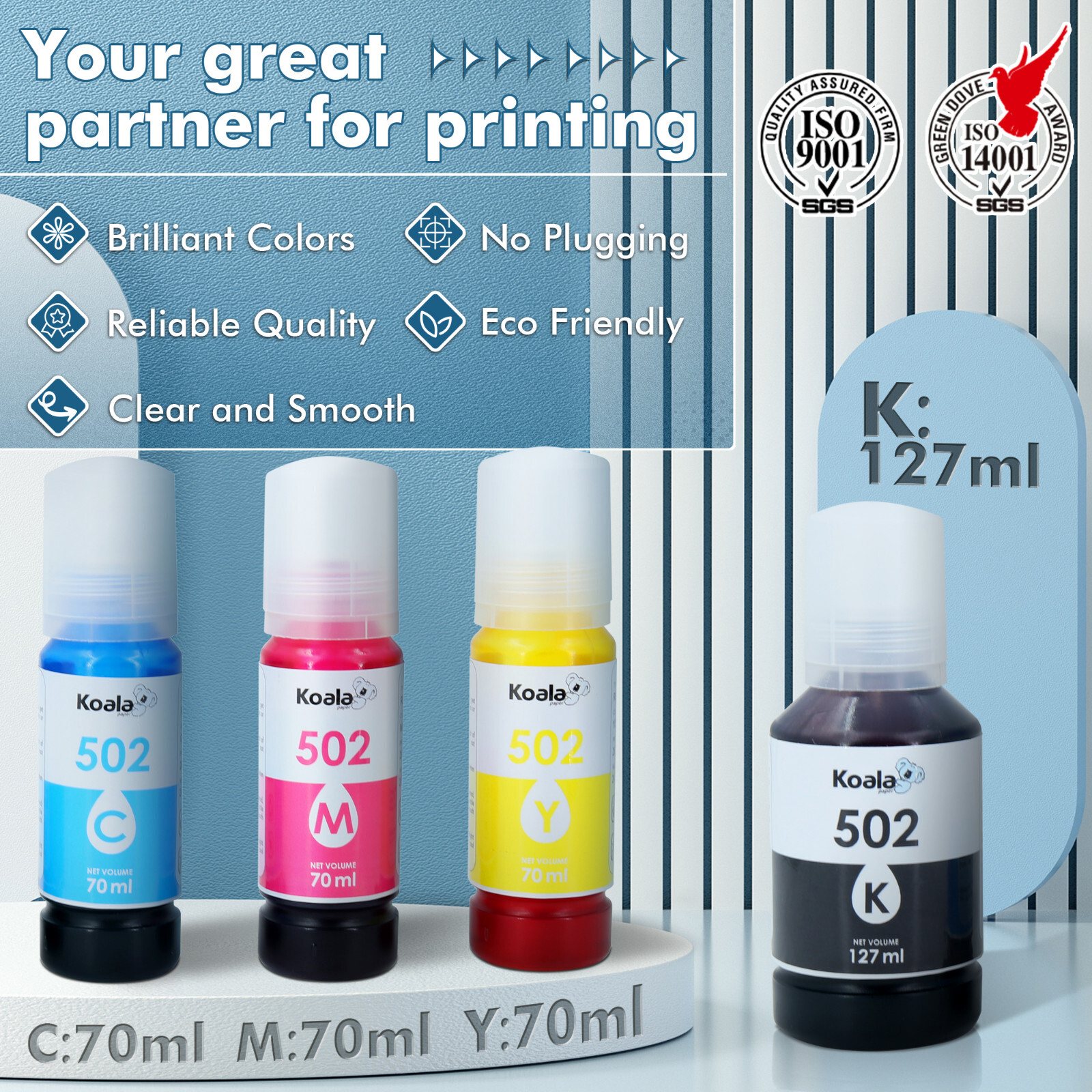 Koala 502 Ink Refill Bottles Replacement for Epson EcoTank ET-2700 ET-3760 15000