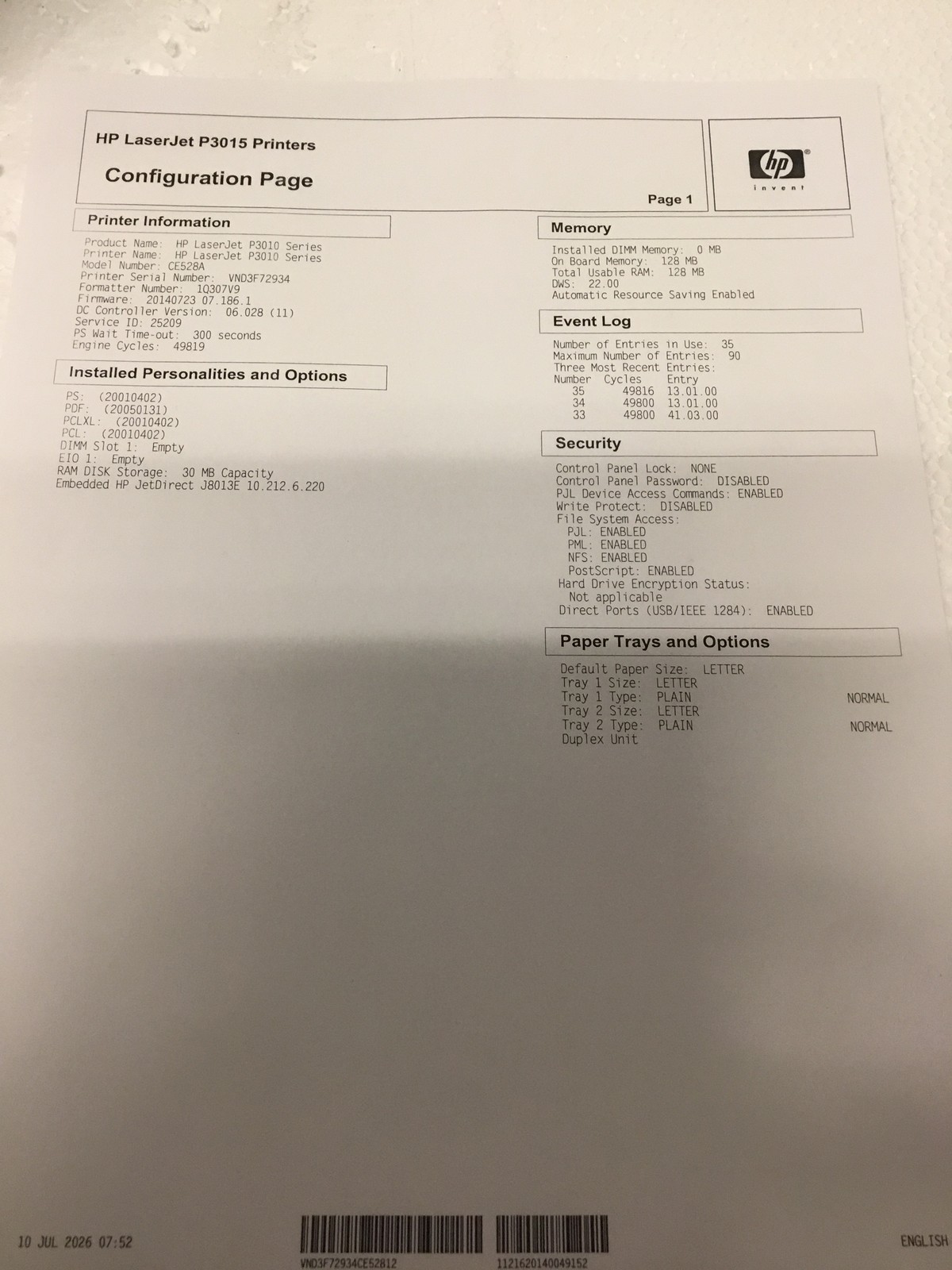 HP LaserJet P3015 CE528A Network Duplex Laser Printer 128MB 50K Pages FREE SHIP