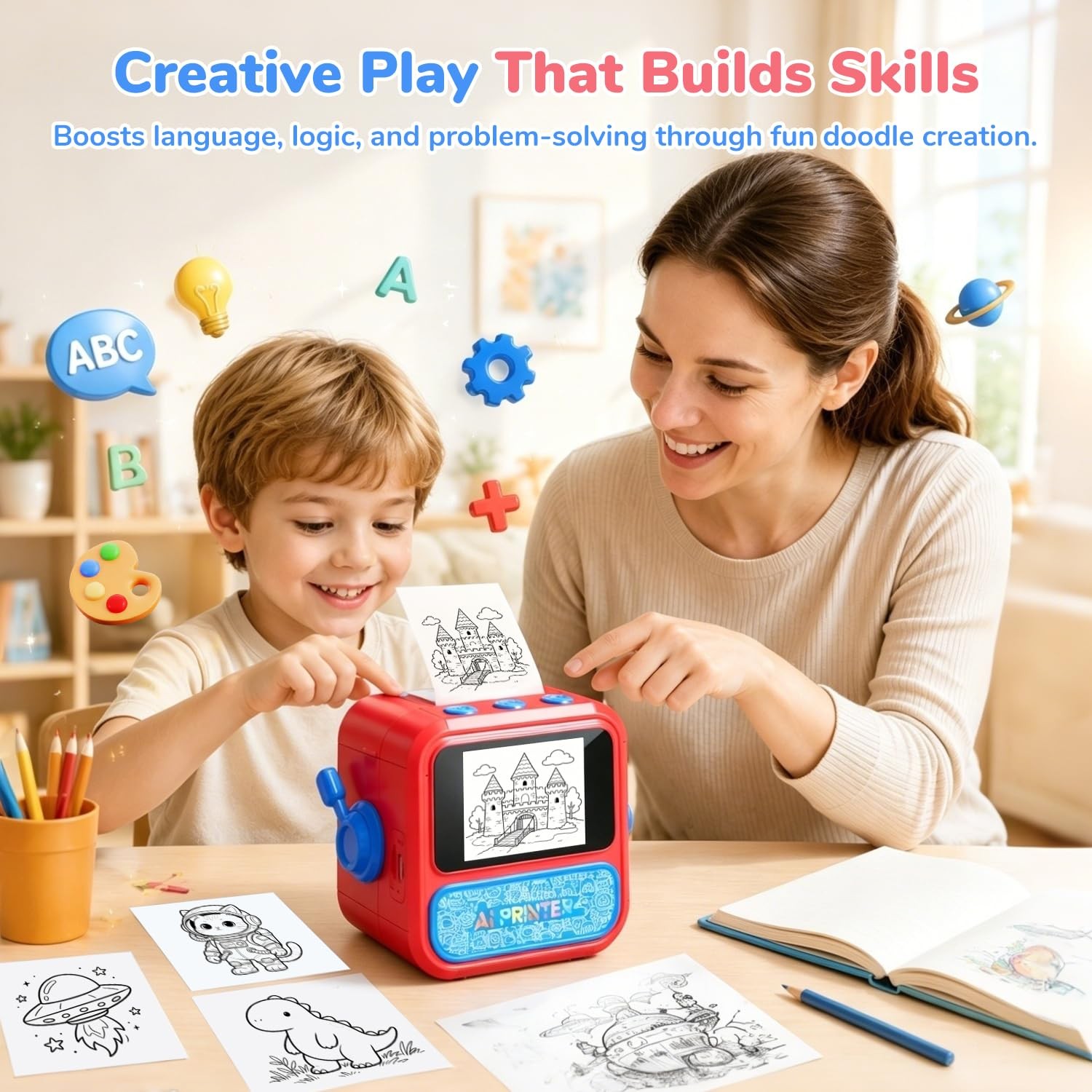 AI Printer for Kids Smart Voice Activated Mini Printer with App 6 Rolls Paper 6