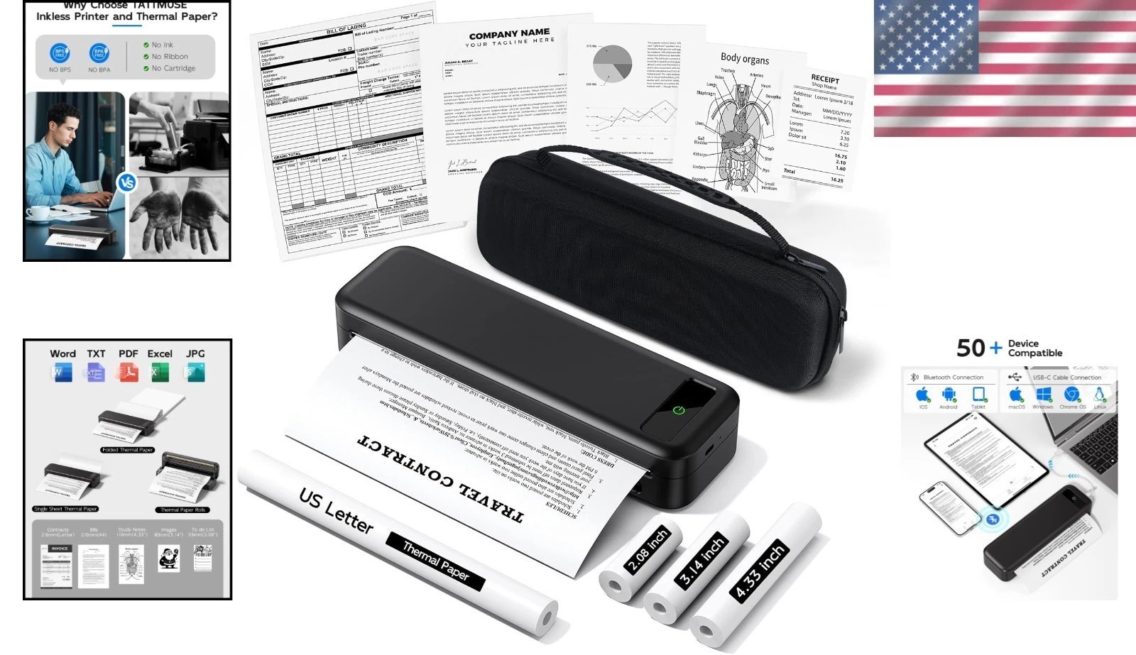 Rechargeable Travel Printer – Supports Multiple Paper Sizes & Comes with 4 Rolls
