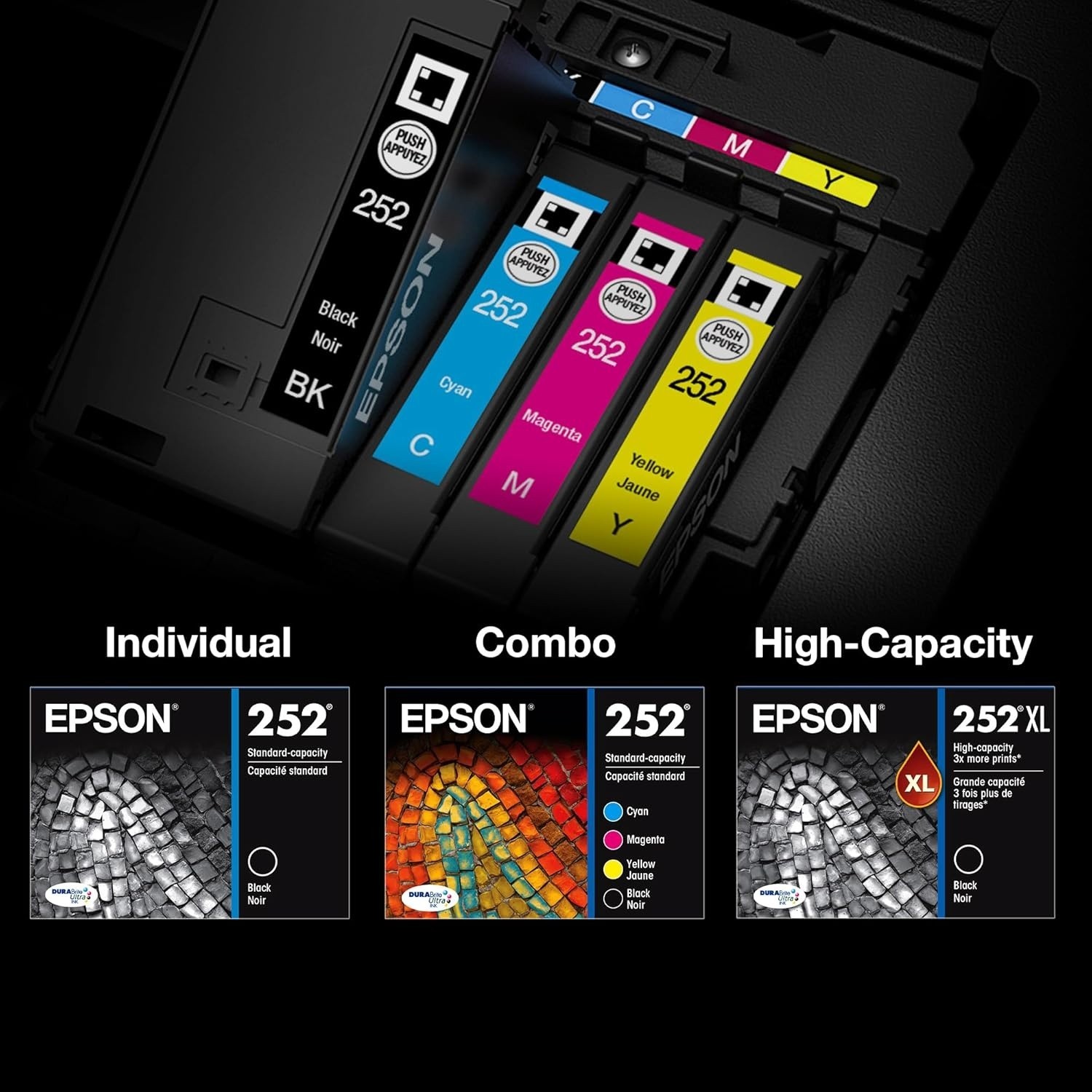 Epson 252 XL Black 252 Color Ink 4-Pack T252XL-BCS WF-3620 WF-7710 WF-7720