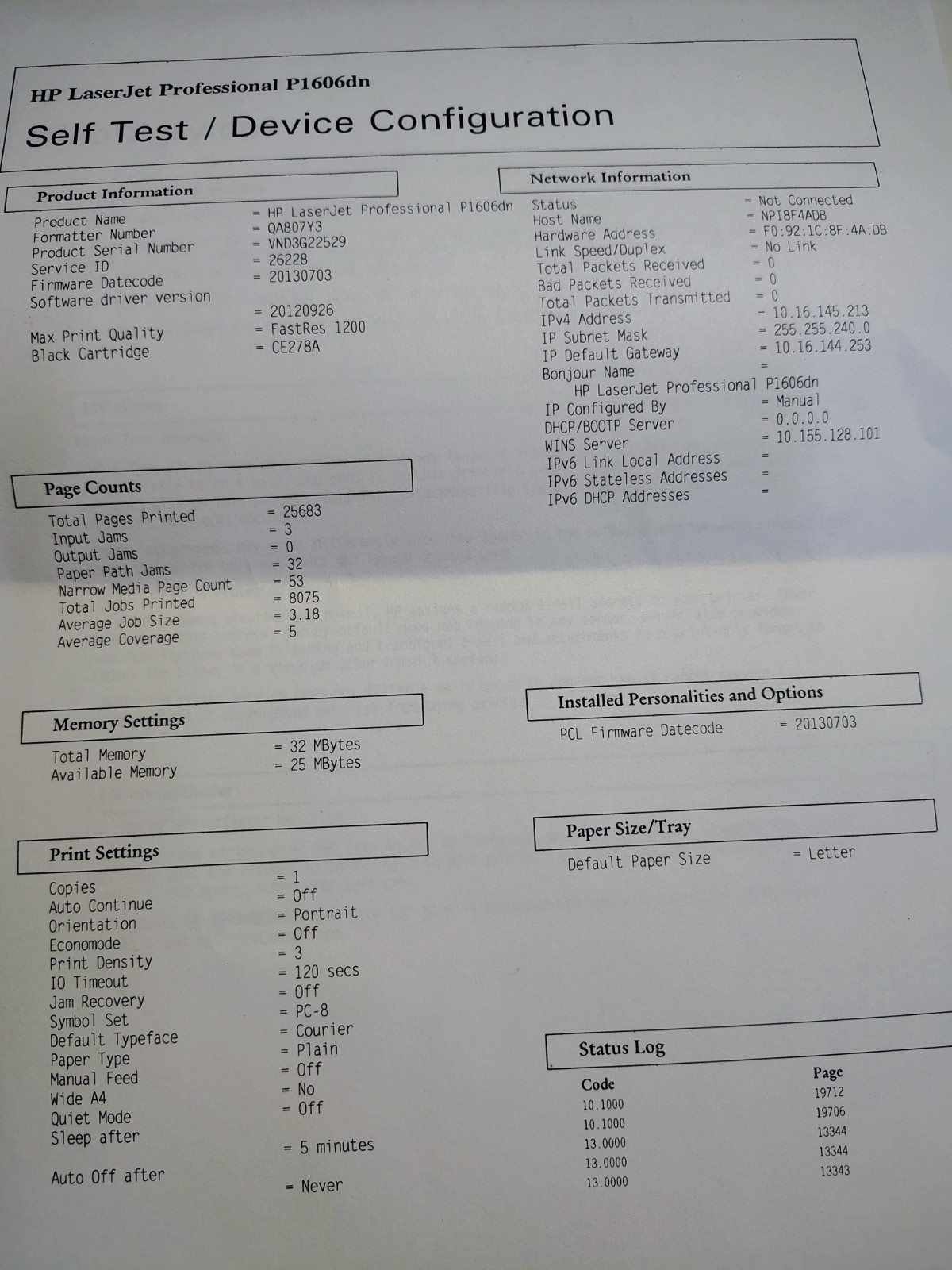 HP P1606dn LaserJet Printer Laser Network Duplex 25,683 Pages Printed