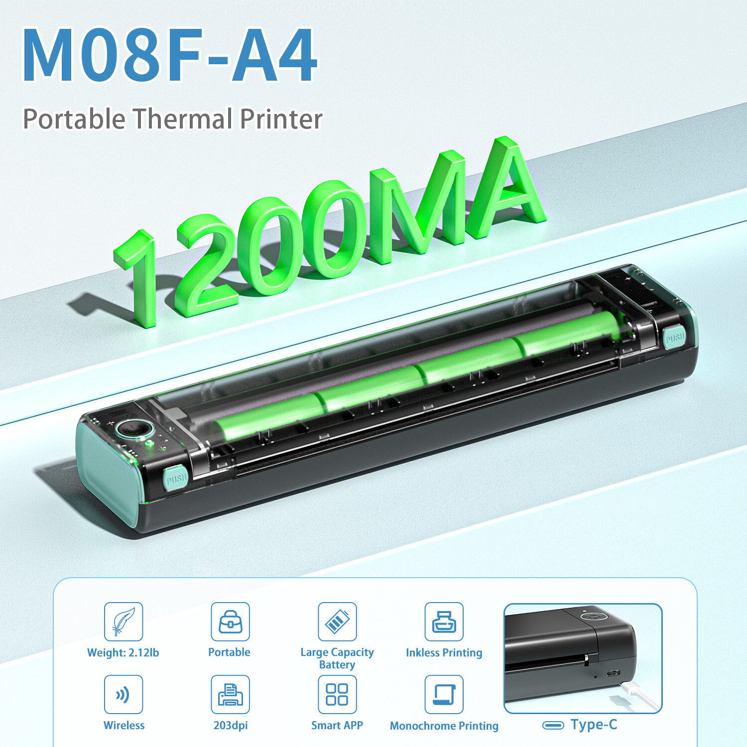 Portable Wireless A4 Bluetooth Thermal Inkless Mobile Printer Phomemo M08F Lot