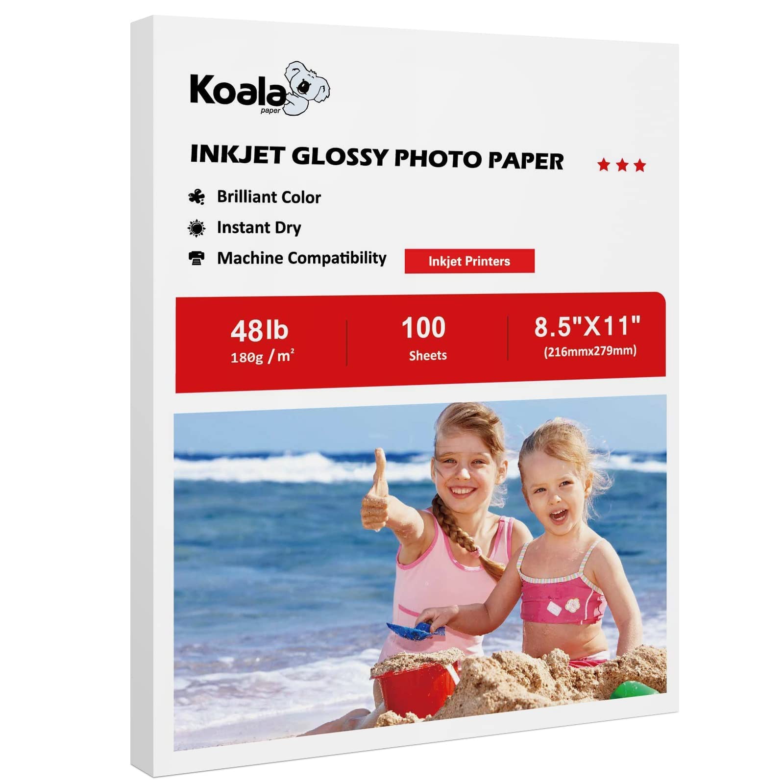 100 Sheets Koala 8.5×11 Inch Glossy Photographic Paper 48LB Inkjet Dye Ink