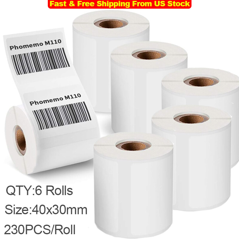 6 Rolls 40x30mm Sticker Label Self-Adhesive Paper for Phomemo M110/M200 Printer