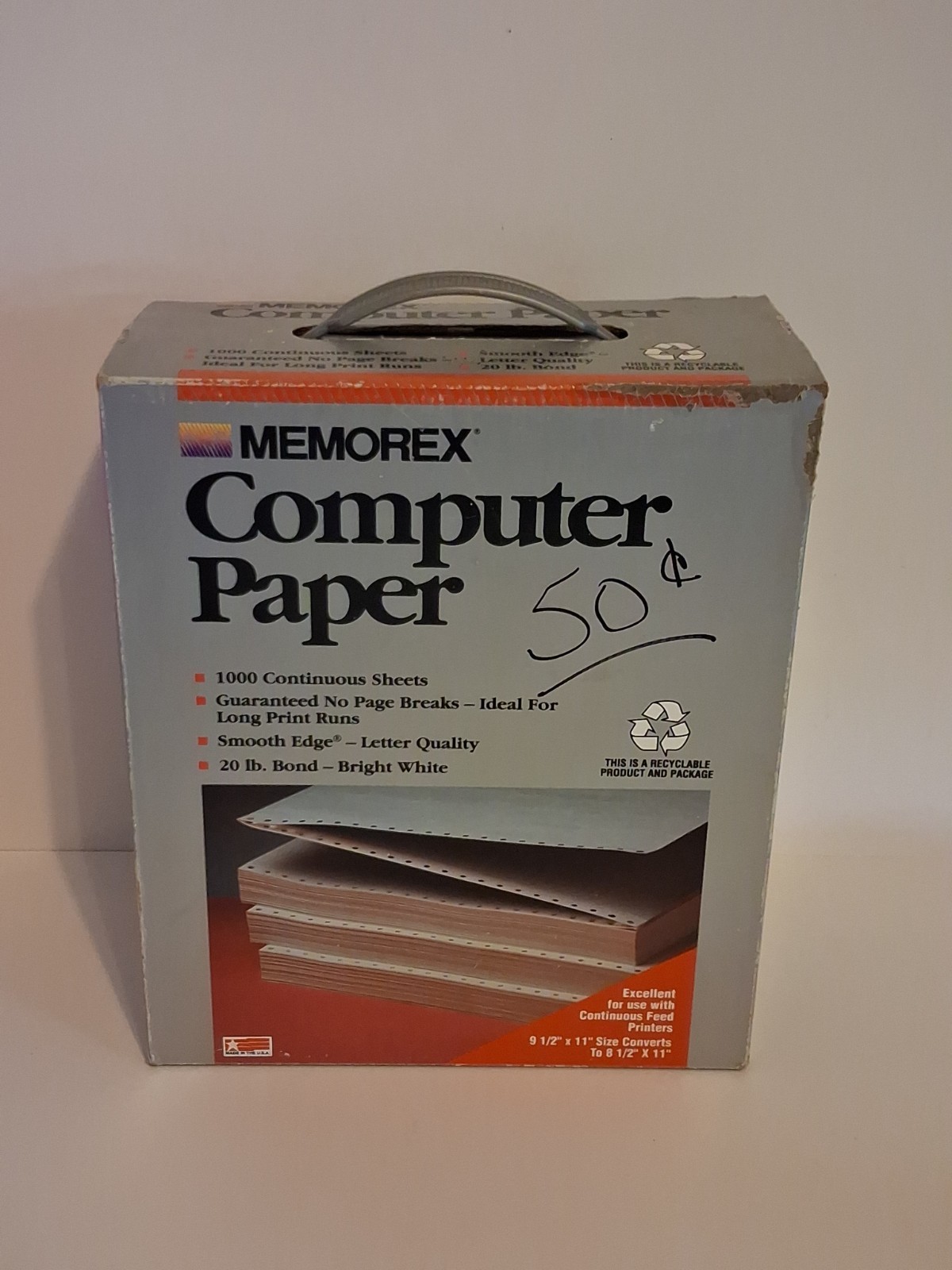 1991 Memorex Tractor Computer Paper 1000 Continuous Sheets. 9.5×11″ White